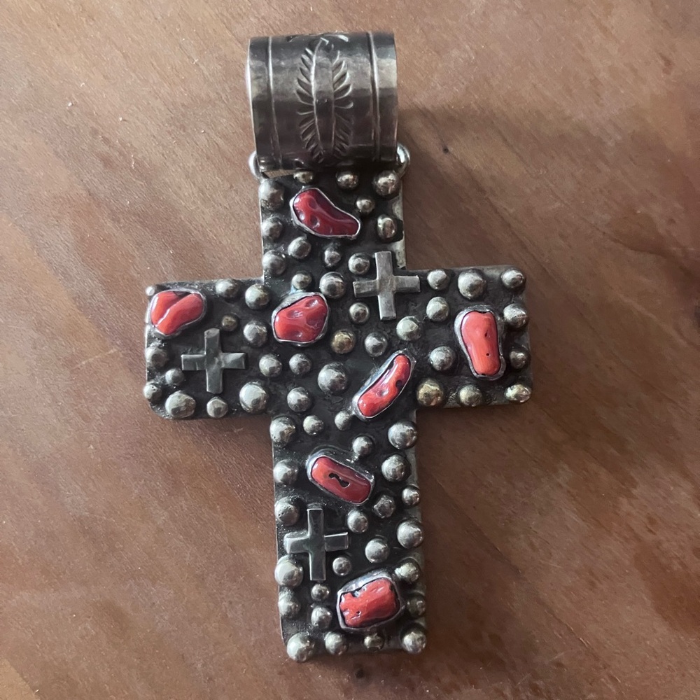 Large Signed Sterling Silver Cross Pendant with Red Coral Accents